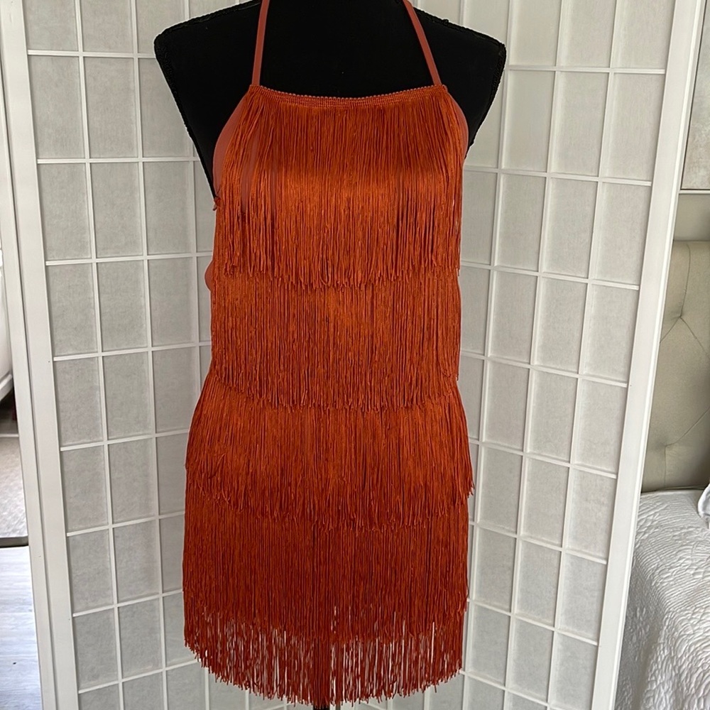 Knotted backless fringe halter romper- Medium